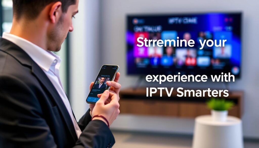 Generate an image of a person using IPTV Smarters on their smartphone, with a caption "Streamline your viewing experience with IPTV Smarters" Generate an image of a person using IPTV Smarters on their smartphone, with a caption "Streamline your viewing experience with IPTV Smarters"