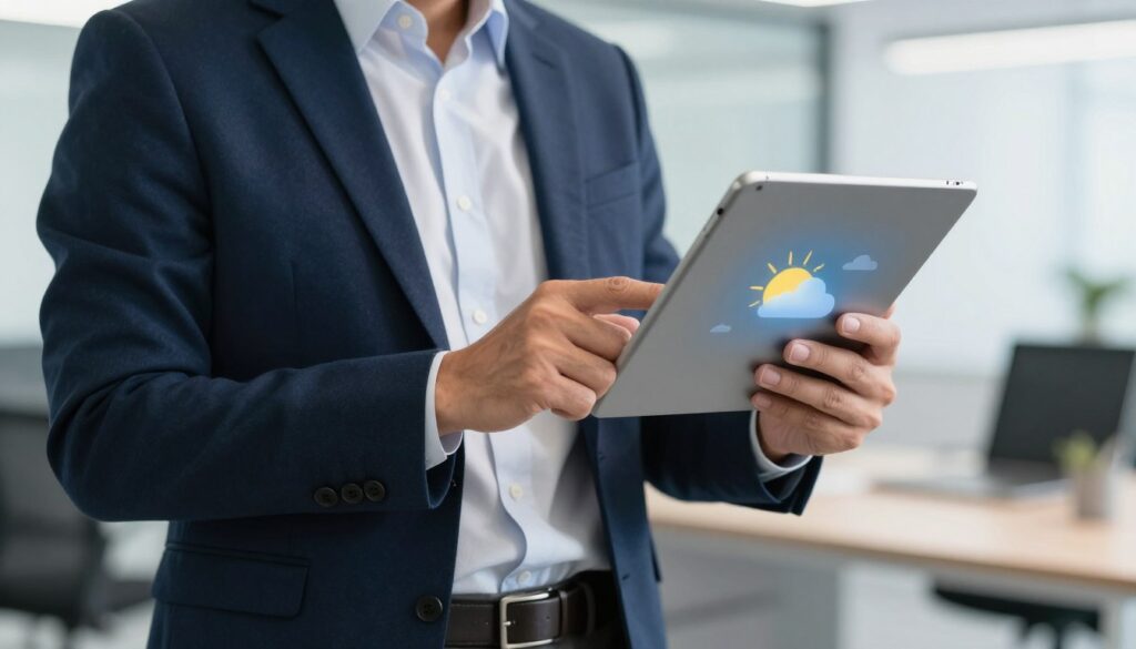 Generate an image of a person using Very Local on their tablet, showing local weather. Generate an image of a person using Very Local on their tablet, showing local weather.