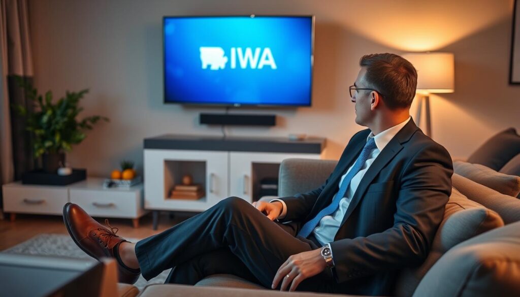 Generate an image of a person watching Iowa PBS on a smart TV through IPTV Tonight. Generate an image of a person watching Iowa PBS on a smart TV through IPTV Tonight.