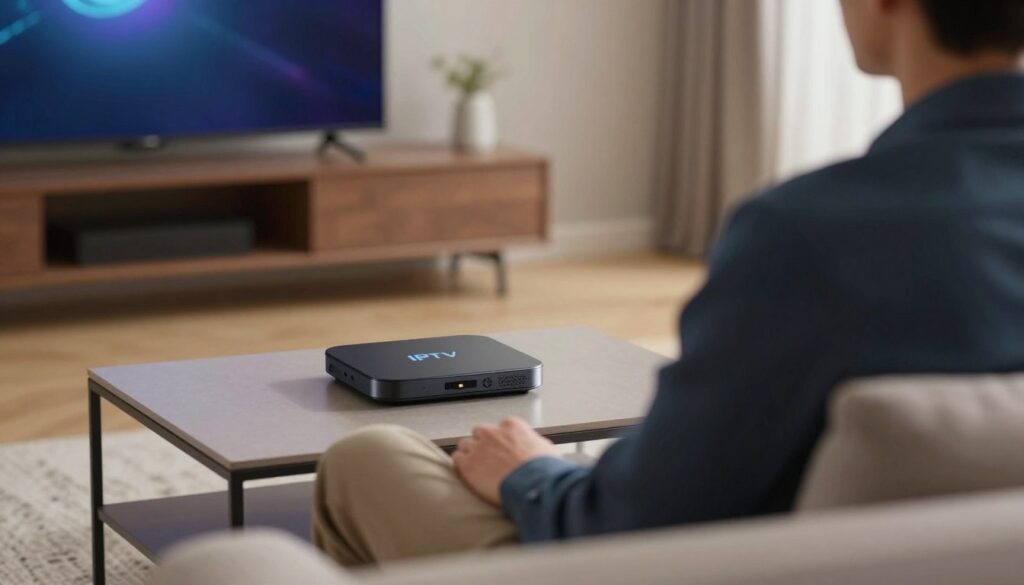 Generate an image of a person watching TV with a budget-friendly IPTV device Generate an image of a person watching TV with a budget-friendly IPTV device