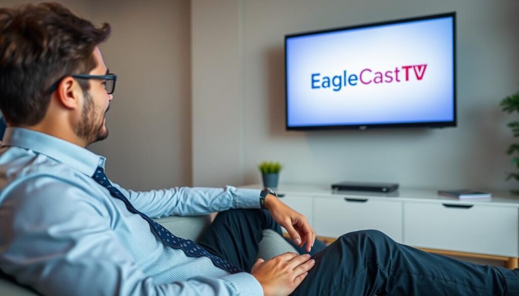 Generate an image of a person watching TV with a satisfied expression, with EagleCast TV logo on the screen. Generate an image of a person watching TV with a satisfied expression, with EagleCast TV logo on the screen.