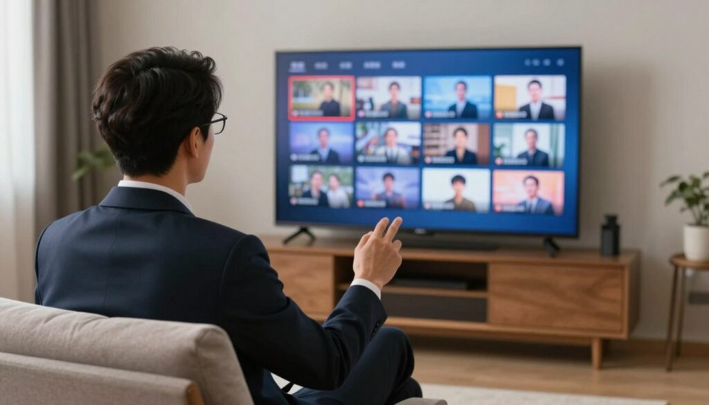 Generate an image of a person watching TV with multiple channels on the screen Generate an image of a person watching TV with multiple channels on the screen