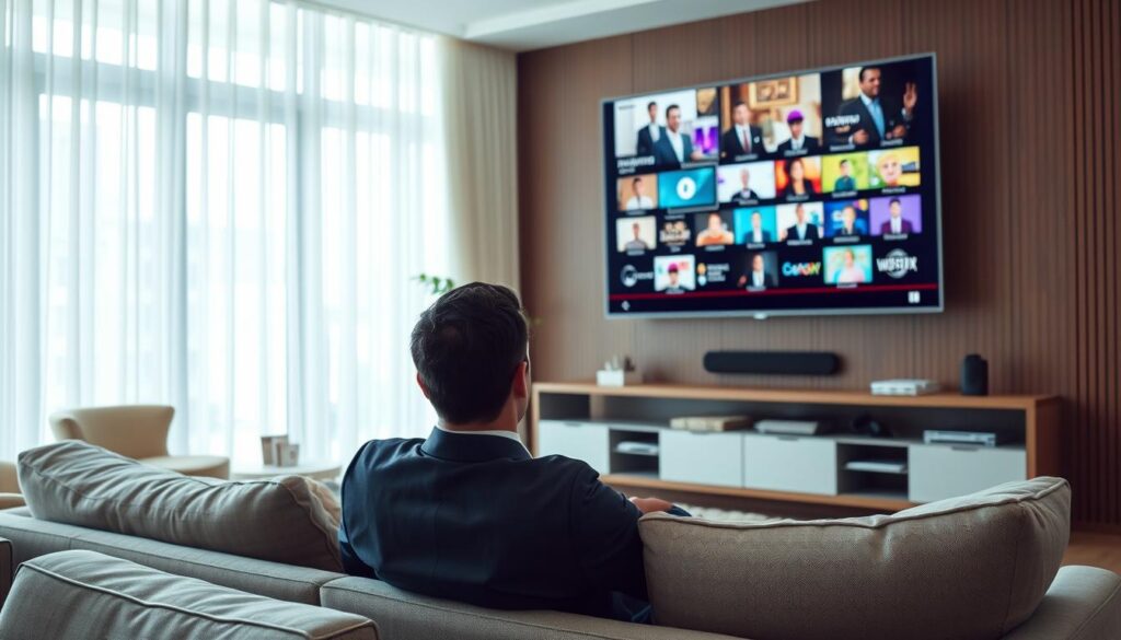 Generate an image of a person watching TV with multiple channels on the screen Generate an image of a person watching TV with multiple channels on the screen