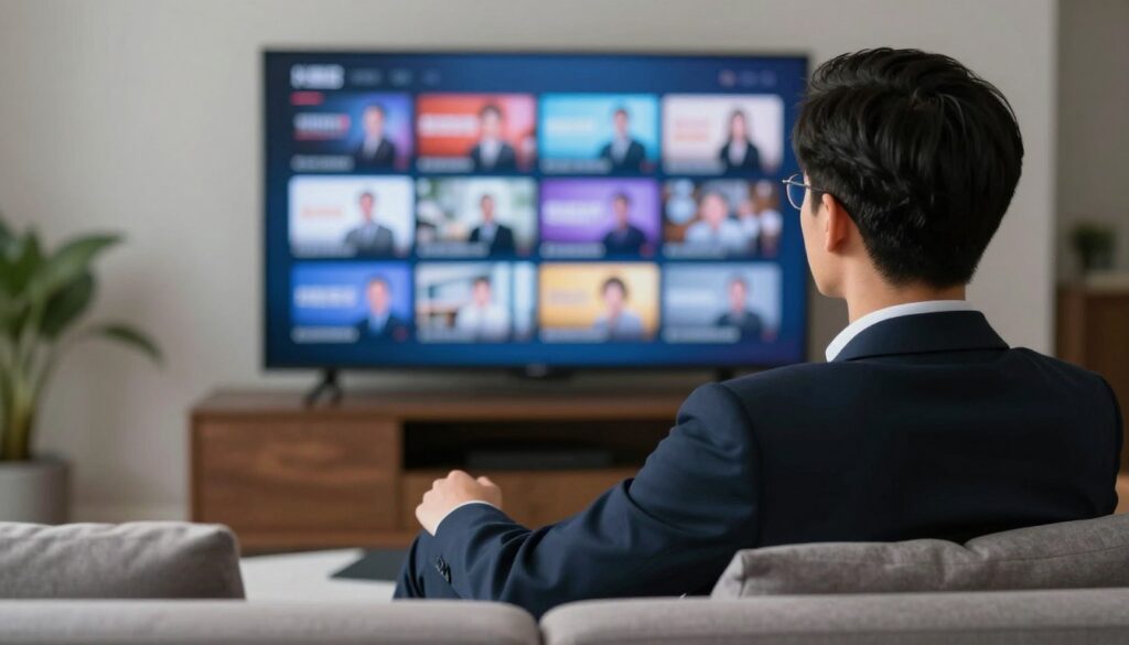 Generate an image of a person watching TV with various channels displayed on the screen Generate an image of a person watching TV with various channels displayed on the screen