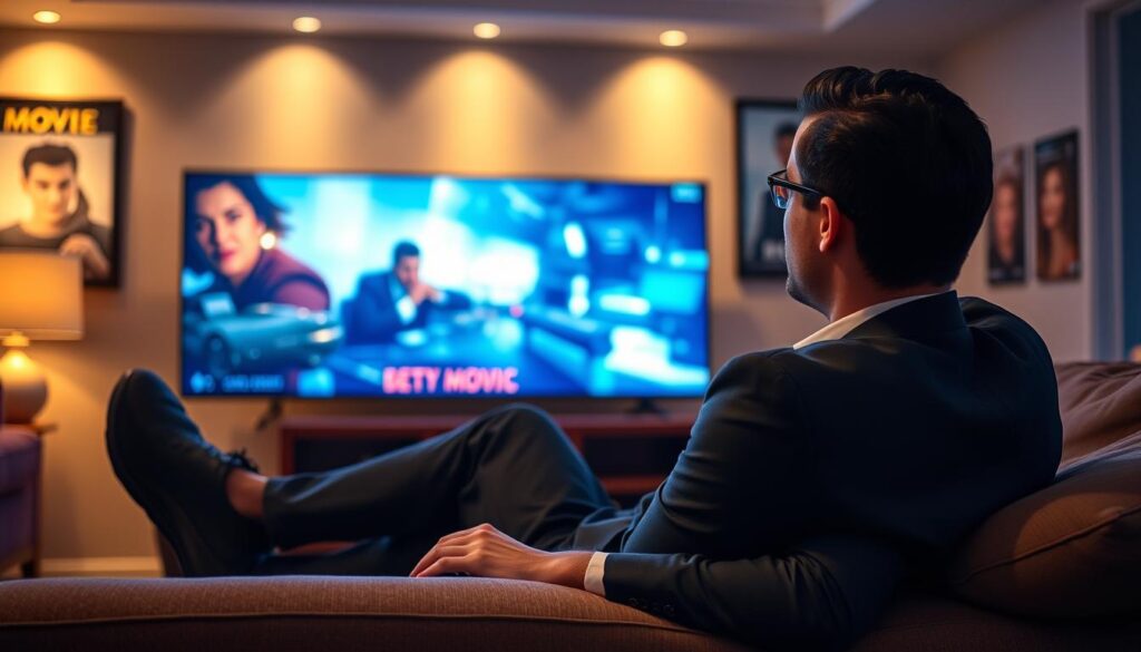Generate an image of a person watching a movie on IPTV Generate an image of a person watching a movie on IPTV