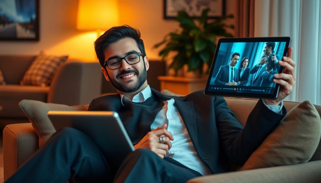 Generate an image of a person watching a movie on a tablet. Generate an image of a person watching a movie on a tablet.