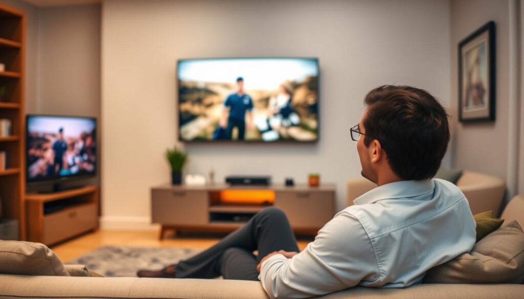 Generate an image of a person watching a movie on their TV via IPTV. Generate an image of a person watching a movie on their TV via IPTV.