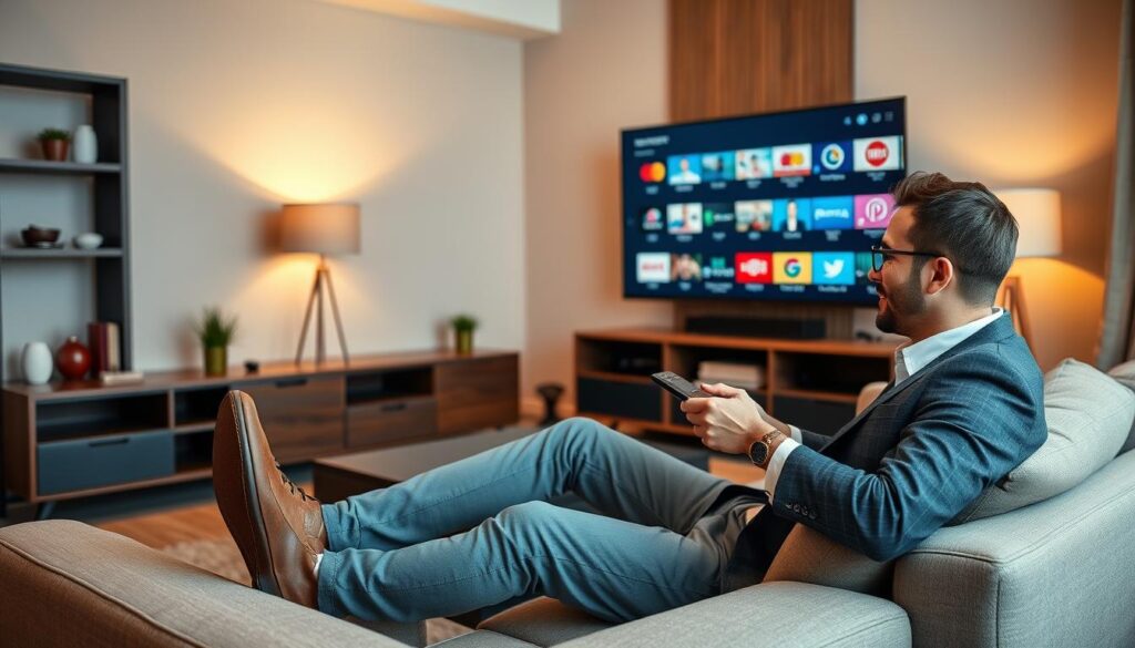 Generate an image of a person watching international content on IPTV Generate an image of a person watching international content on IPTV