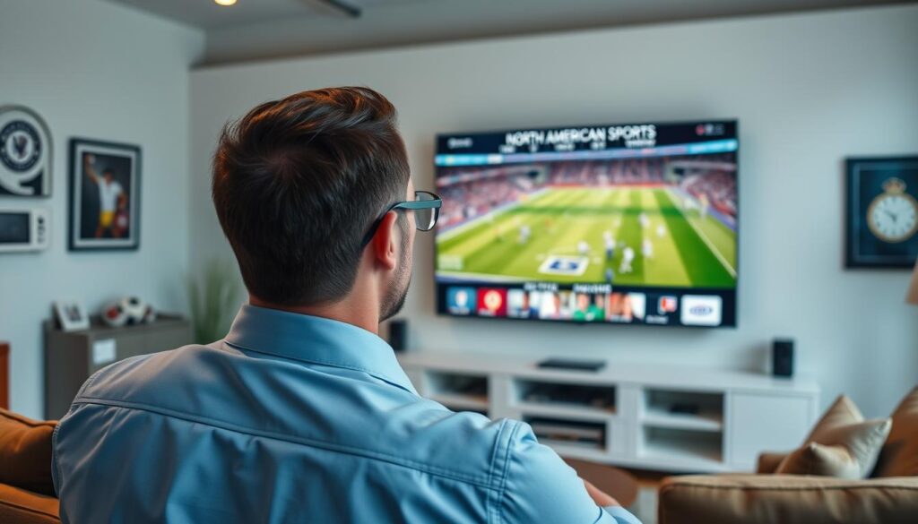 Generate an image of a person watching sports on EagleCast TV with a focus on North American channels. Generate an image of a person watching sports on EagleCast TV with a focus on North American channels.
