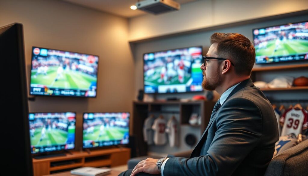 Generate an image of a person watching sports on TV with multiple screens showing different sports channels. Generate an image of a person watching sports on TV with multiple screens showing different sports channels.