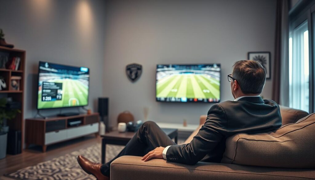 Generate an image of a person watching sports on a TV with a stable IPTV connection. Generate an image of a person watching sports on a TV with a stable IPTV connection.