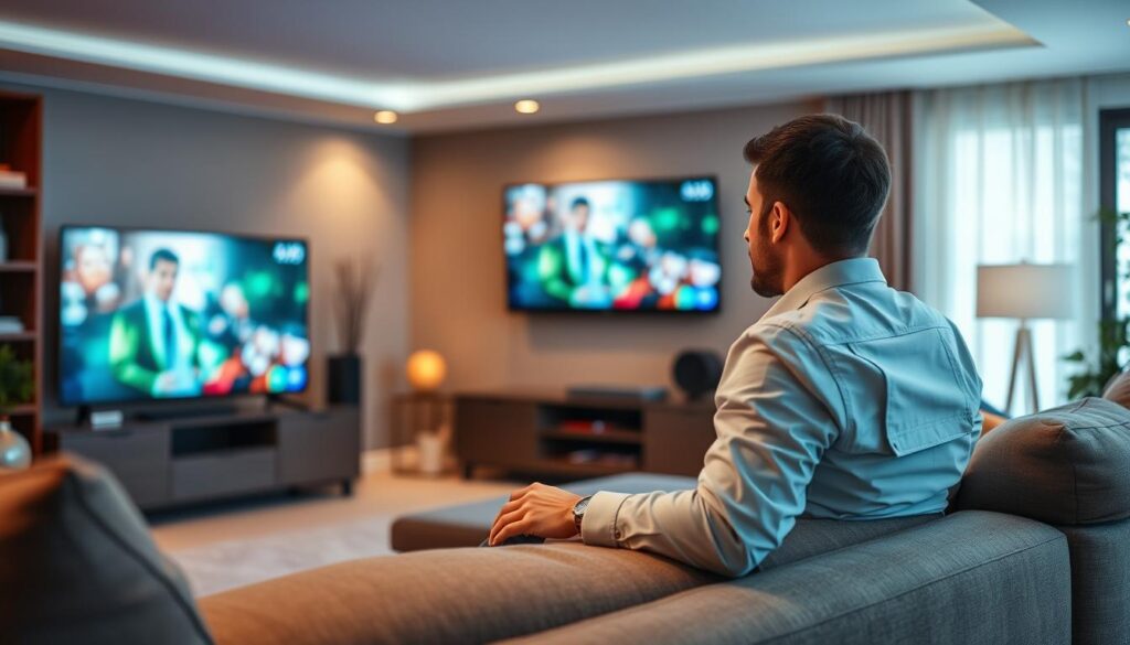 Generate an image of a person watching their favorite TV show on IPTVDigi Generate an image of a person watching their favorite TV show on IPTVDigi