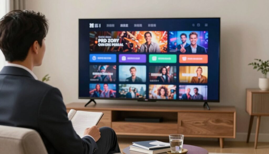 Generate an image of a person watching their favorite movie on a TV with a vast library of on-demand content displayed on the screen. Generate an image of a person watching their favorite movie on a TV with a vast library of on-demand content displayed on the screen.