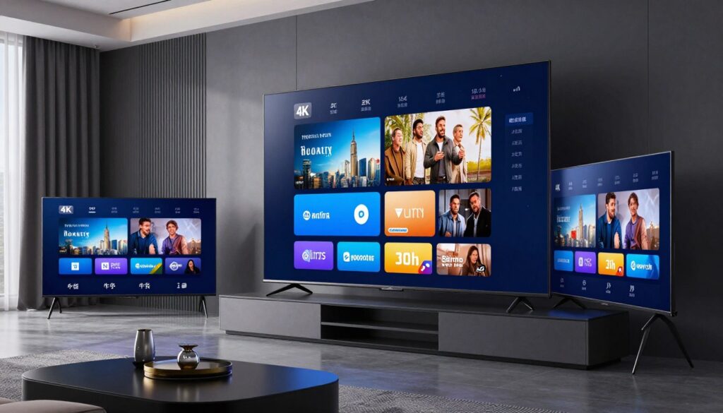 Generate an image of a premium TV setup with multiple screens showing 4K content, emphasizing the high-quality streaming experience. Generate an image of a premium TV setup with multiple screens showing 4K content, emphasizing the high-quality streaming experience.