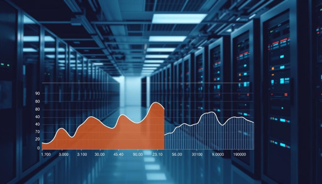 Generate an image of a server infrastructure with a graph showing stable uptime. Generate an image of a server infrastructure with a graph showing stable uptime.