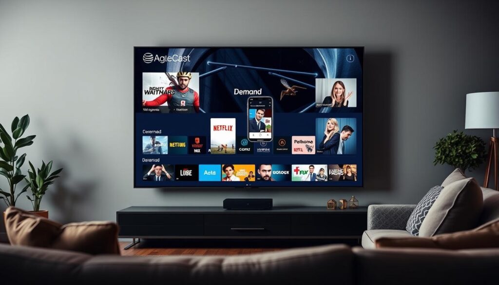 Generate an image of a sleek, modern TV displaying a variety of channels and on-demand content through the EagleCast TV app. Generate an image of a sleek, modern TV displaying a variety of channels and on-demand content through the EagleCast TV app.