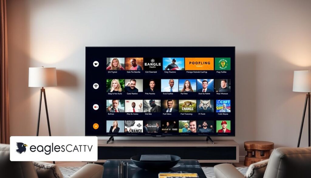 Generate an image of a sleek, modern TV displaying a variety of channels and on-demand content, with a subtle "EagleCast TV" logo in the corner. Generate an image of a sleek, modern TV displaying a variety of channels and on-demand content, with a subtle "EagleCast TV" logo in the corner.