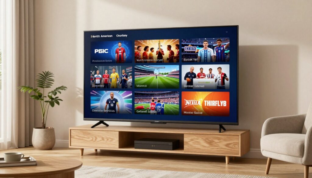 Generate an image of a sleek, modern TV screen displaying a variety of North American channels and sports events. Generate an image of a sleek, modern TV screen displaying a variety of North American channels and sports events.
