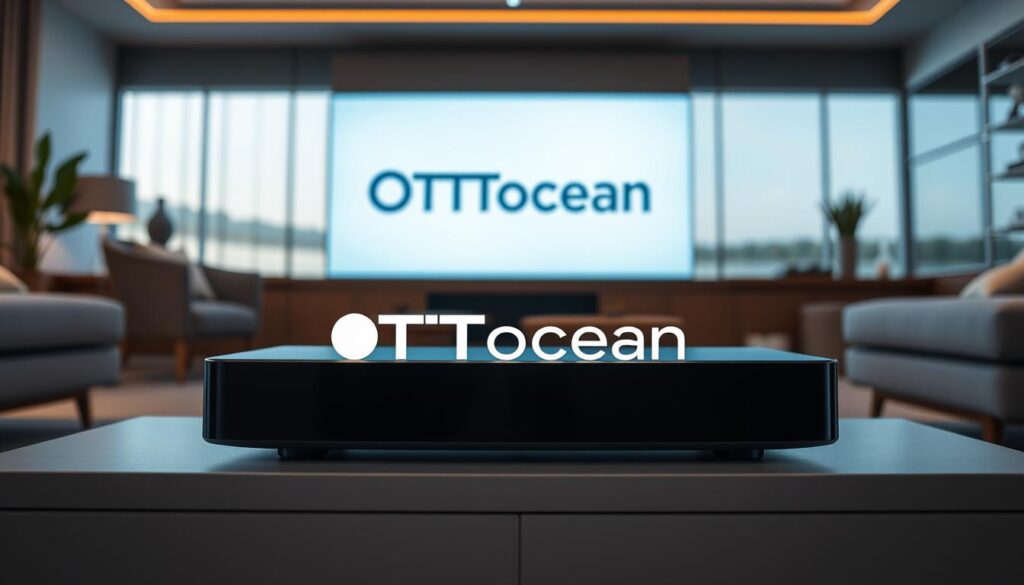 Generate an image of a sleek, modern streaming device with OTTOcean's logo on the screen. Generate an image of a sleek, modern streaming device with OTTOcean's logo on the screen.