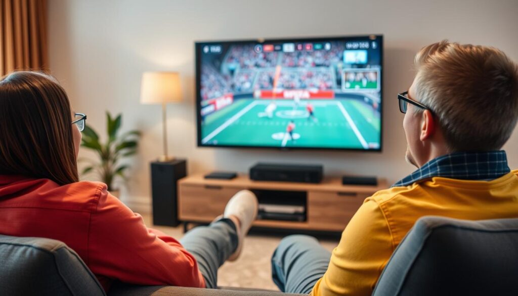 Generate an image of a sports enthusiast watching a live game on IPTV Generate an image of a sports enthusiast watching a live game on IPTV