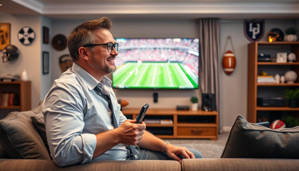 Generate an image of a sports enthusiast watching a live game on IPTV with a satisfied expression. Generate an image of a sports enthusiast watching a live game on IPTV with a satisfied expression.
