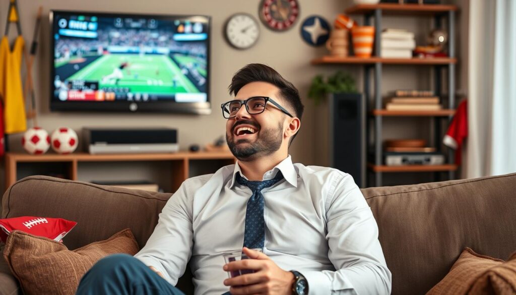 Generate an image of a sports enthusiast watching a live game on IPTVtune IPTV service. Generate an image of a sports enthusiast watching a live game on IPTVtune IPTV service.