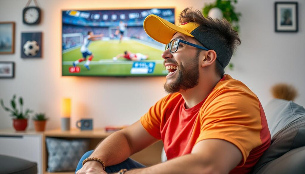Generate an image of a sports enthusiast watching a live game on their TV via IPTV. Generate an image of a sports enthusiast watching a live game on their TV via IPTV.
