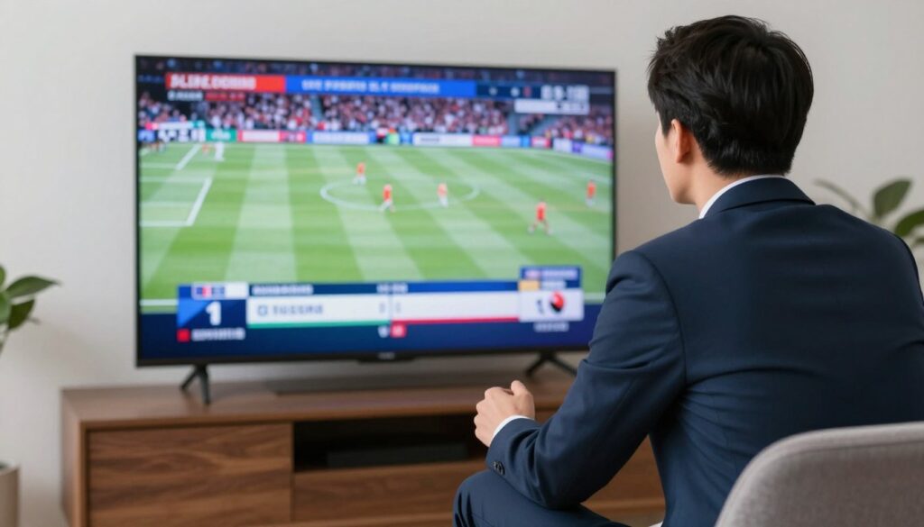 Generate an image of a sports enthusiast watching a live game on their TV with multiple sports channels displayed. Generate an image of a sports enthusiast watching a live game on their TV with multiple sports channels displayed.