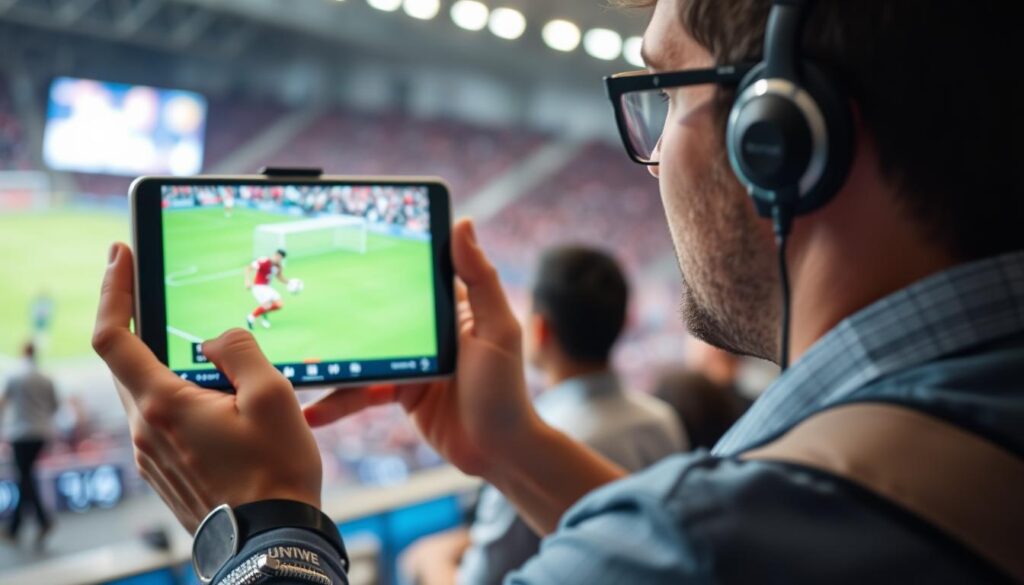 Generate an image of a sports enthusiast watching a live match on their device with a stable and high-quality stream. Generate an image of a sports enthusiast watching a live match on their device with a stable and high-quality stream.