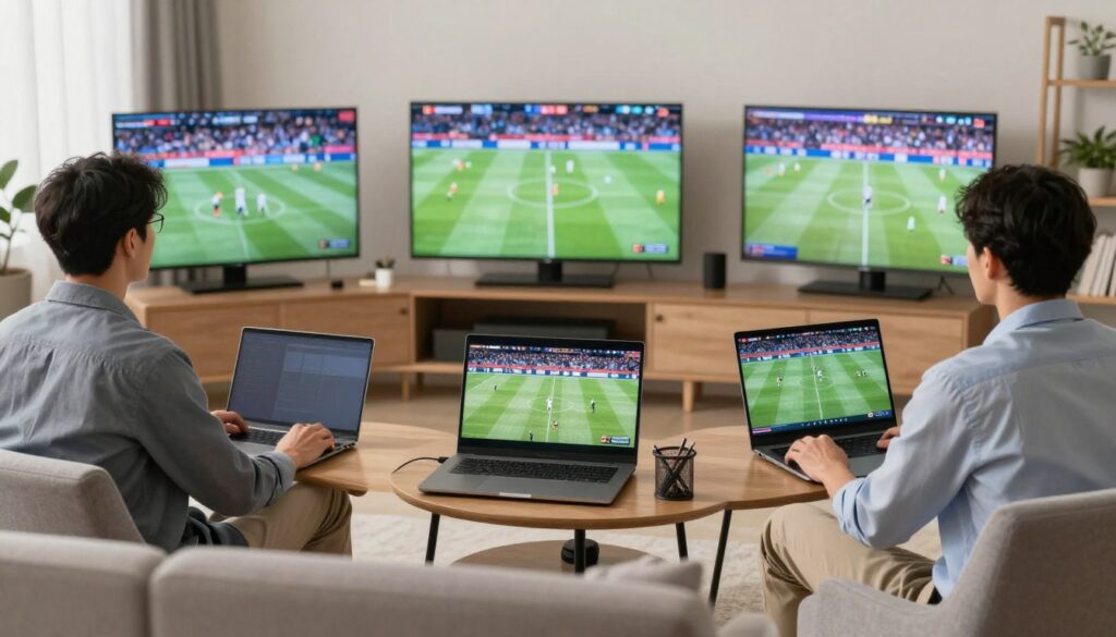 Generate an image of a sports enthusiast watching live sports on multiple devices Generate an image of a sports enthusiast watching live sports on multiple devices