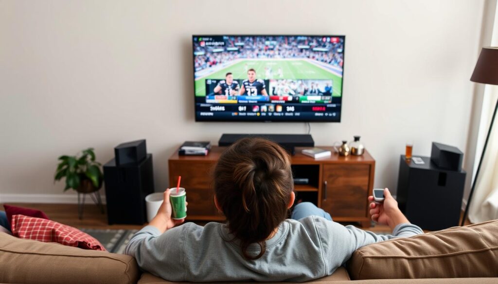 Generate an image of a sports enthusiast watching multiple games on a TV screen with FuboTV's multi-view feature Generate an image of a sports enthusiast watching multiple games on a TV screen with FuboTV's multi-view feature