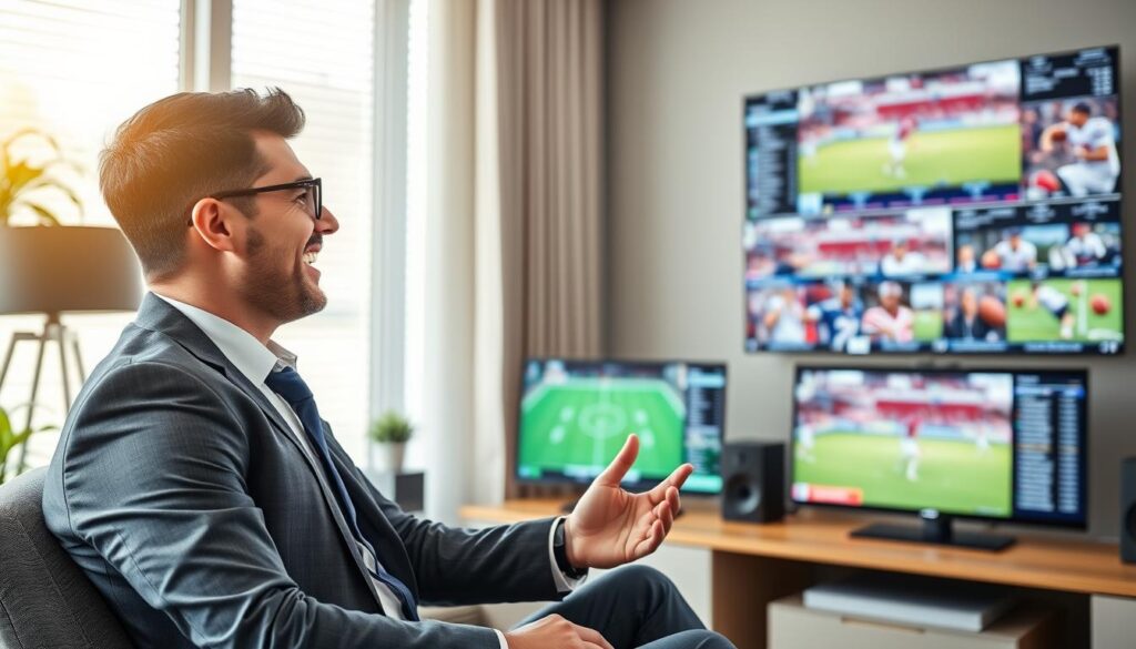 Generate an image of a sports enthusiast watching multiple live sports events on different screens with XCodes IPTV interface. Generate an image of a sports enthusiast watching multiple live sports events on different screens with XCodes IPTV interface.