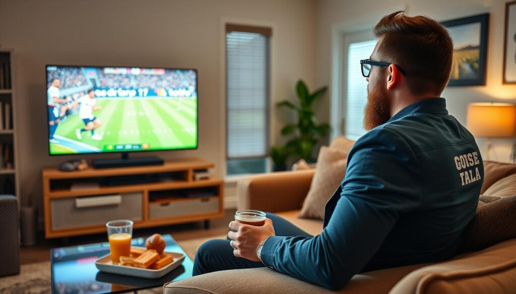 Generate an image of a sports fan enjoying IPTVTune on their TV Generate an image of a sports fan enjoying IPTVTune on their TV