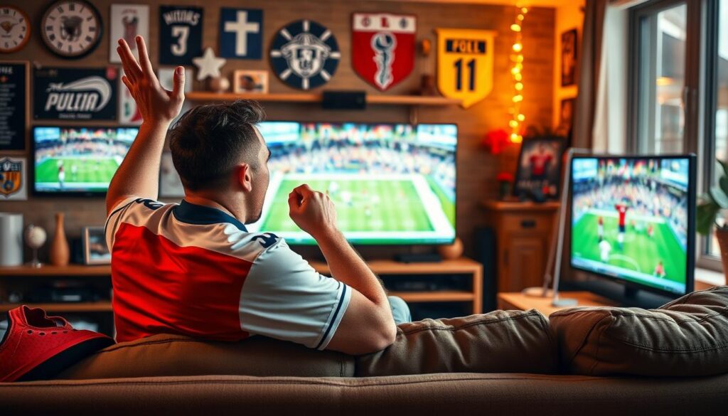 Generate an image of a sports fan enjoying IPTVTune on their TV Generate an image of a sports fan enjoying IPTVTune on their TV