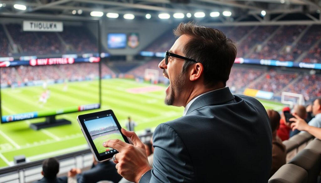 Generate an image of a sports fan watching a live game on multiple devices with TiVistation's logo. Generate an image of a sports fan watching a live game on multiple devices with TiVistation's logo.