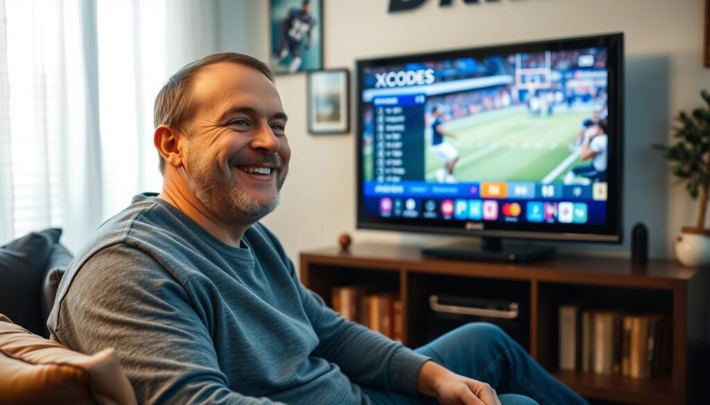 Generate an image of a sports fan watching a live game on their TV with a satisfied expression, with a clear display of the XCodes IPTV interface. Generate an image of a sports fan watching a live game on their TV with a satisfied expression, with a clear display of the XCodes IPTV interface.