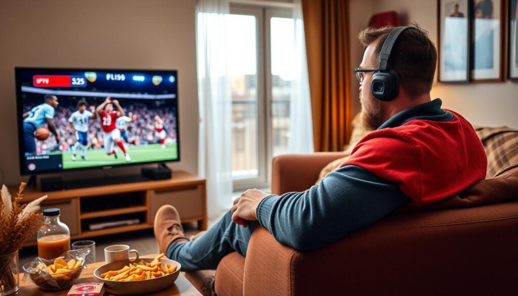 Generate an image of a sports fan watching a live match on their TV with IPTV Gear. Generate an image of a sports fan watching a live match on their TV with IPTV Gear.