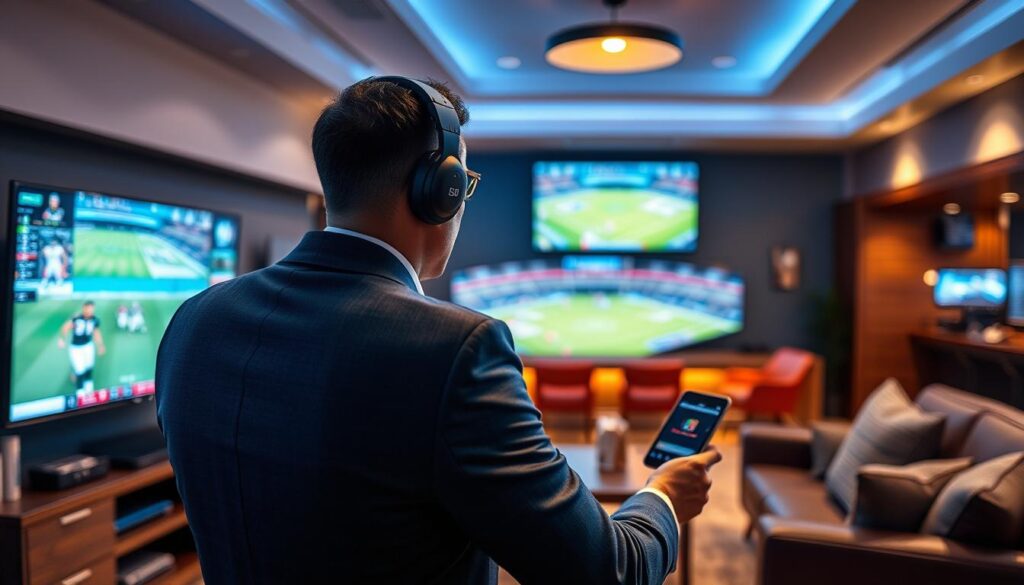 Generate an image of a sports fan watching multiple games on different screens with IPTV Gear Generate an image of a sports fan watching multiple games on different screens with IPTV Gear