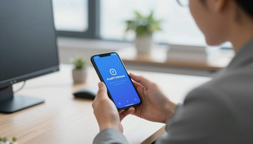 Generate an image of a user accessing ProIPTVStream on their mobile device. Generate an image of a user accessing ProIPTVStream on their mobile device.