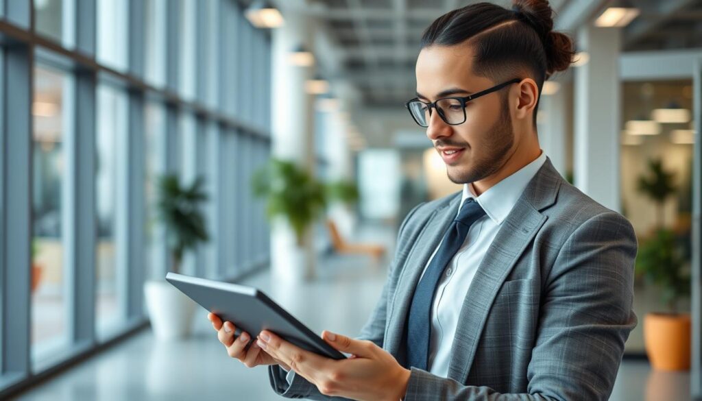Generate an image of a user accessing a knowledge base on a tablet. Generate an image of a user accessing a knowledge base on a tablet.