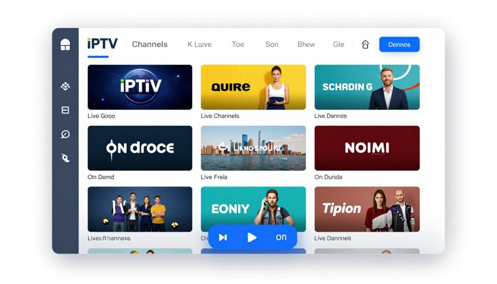 Generate an image of an intuitive IPTV interface integrating live channels and on-demand titles. Generate an image of an intuitive IPTV interface integrating live channels and on-demand titles.