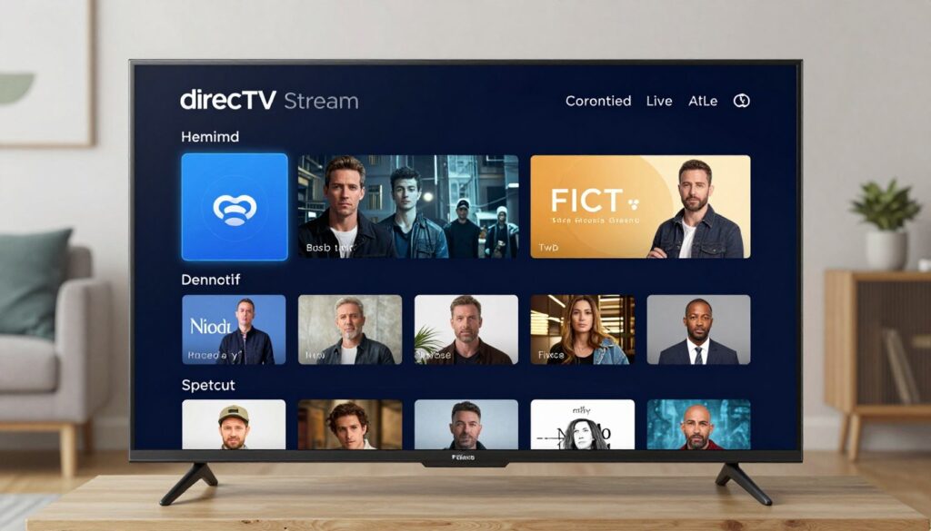 Generate an image of the DirecTV Stream interface on a smart TV. Generate an image of the DirecTV Stream interface on a smart TV.