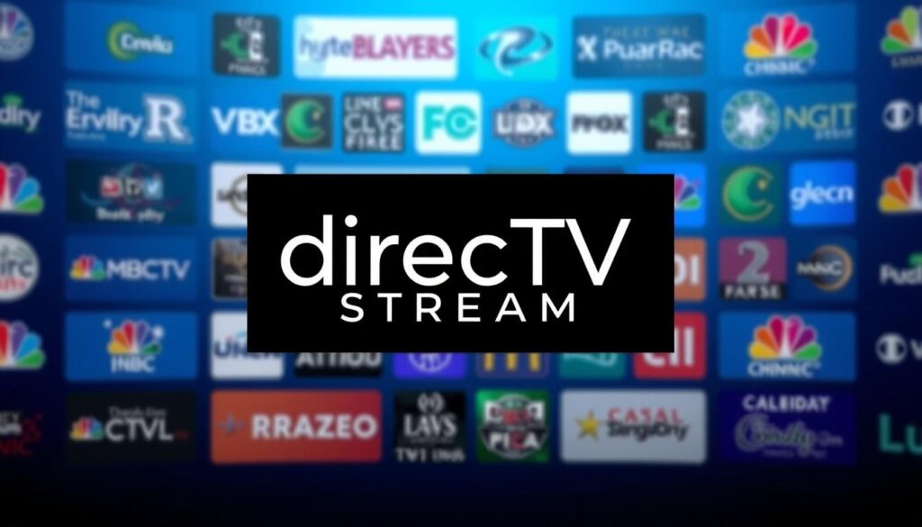 Generate an image of the DirecTV Stream logo with various channel logos in the background. Generate an image of the DirecTV Stream logo with various channel logos in the background.