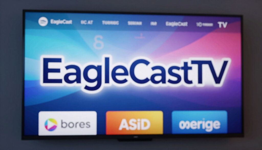 Generate an image of the EagleCast TV logo with a streaming screen in the background. Generate an image of the EagleCast TV logo with a streaming screen in the background.