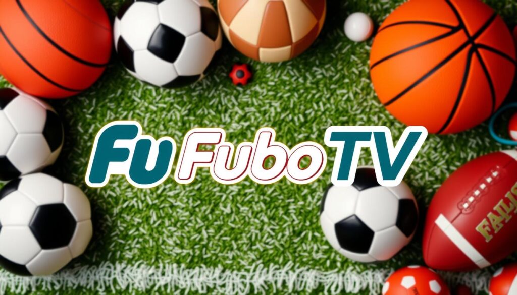 Generate an image of the Fubo TV logo on a sports-themed background. Generate an image of the Fubo TV logo on a sports-themed background.