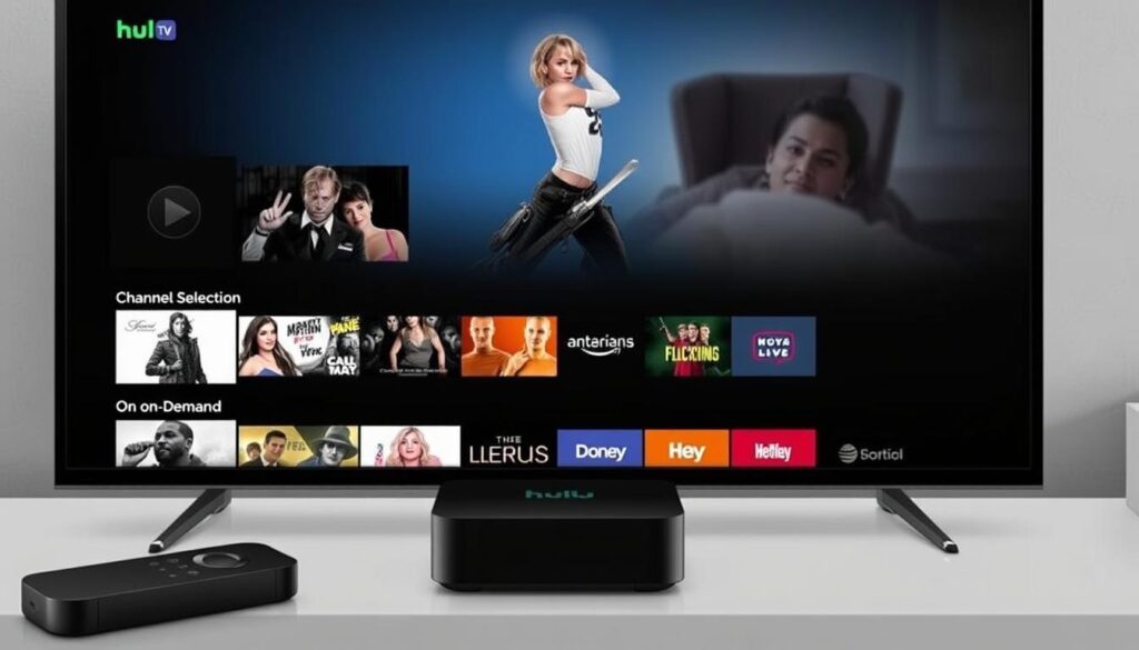 Generate an image of the Hulu + Live TV app on a streaming device, highlighting its channel selection and on-demand content. Generate an image of the Hulu + Live TV app on a streaming device, highlighting its channel selection and on-demand content.