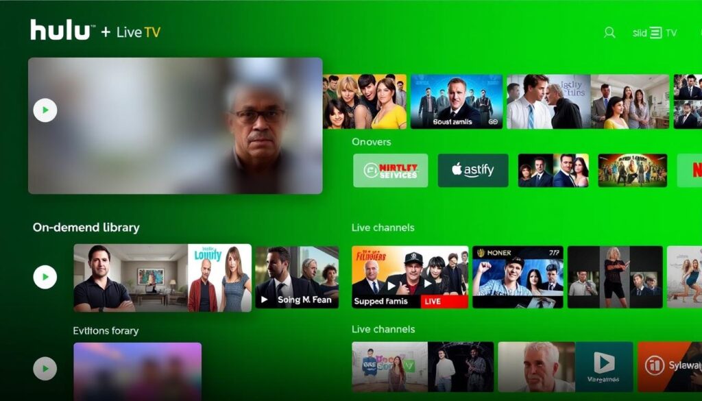 Generate an image of the Hulu + Live TV interface, highlighting its on-demand library and live channels. Generate an image of the Hulu + Live TV interface, highlighting its on-demand library and live channels.