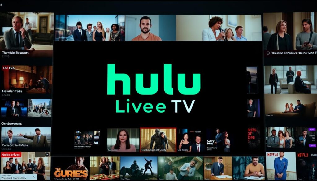 Generate an image of the Hulu + Live TV logo on a device with a mix of live TV and on-demand content. Generate an image of the Hulu + Live TV logo on a device with a mix of live TV and on-demand content.