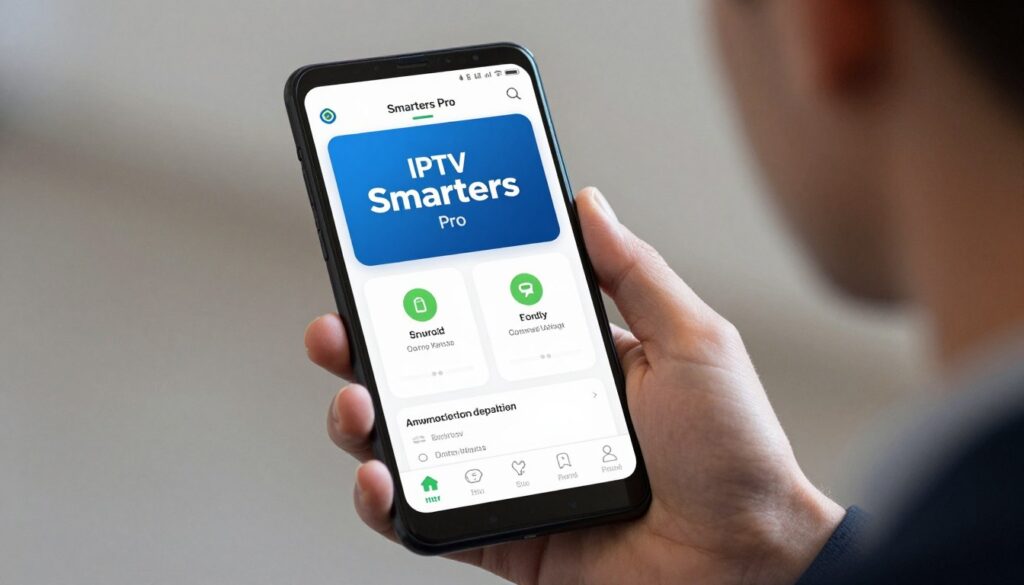 Generate an image of the IPTV Smarters Pro app on an Android device, highlighting its compatibility features. Generate an image of the IPTV Smarters Pro app on an Android device, highlighting its compatibility features.