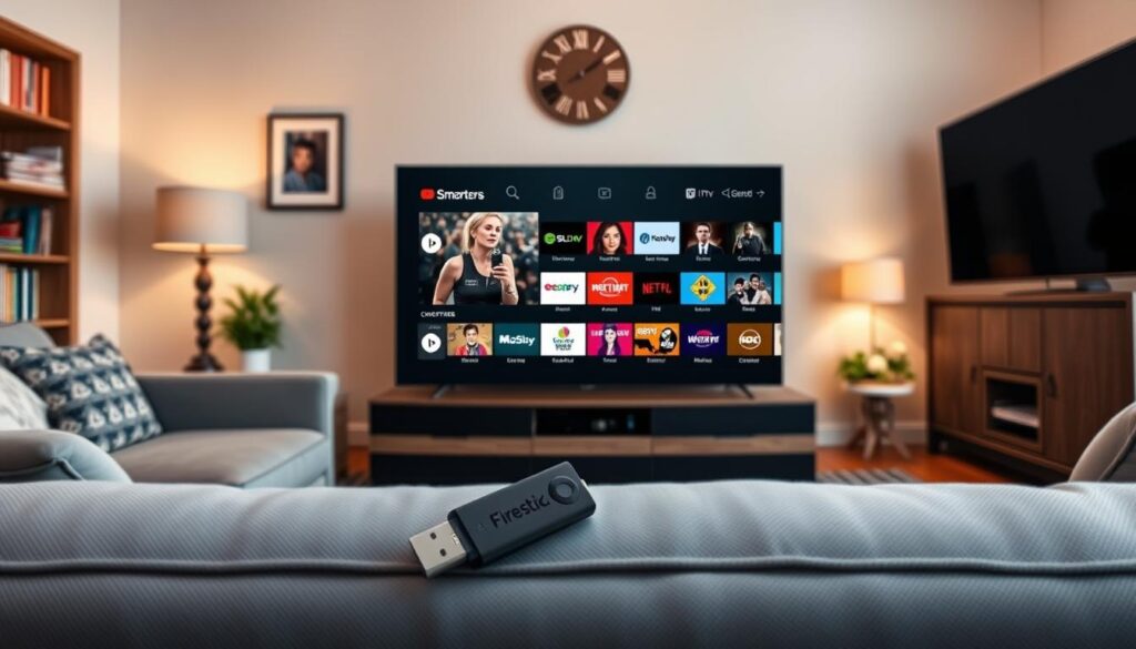 Generate an image of the IPTV Smarters app interface on a Firestick device. Generate an image of the IPTV Smarters app interface on a Firestick device.
